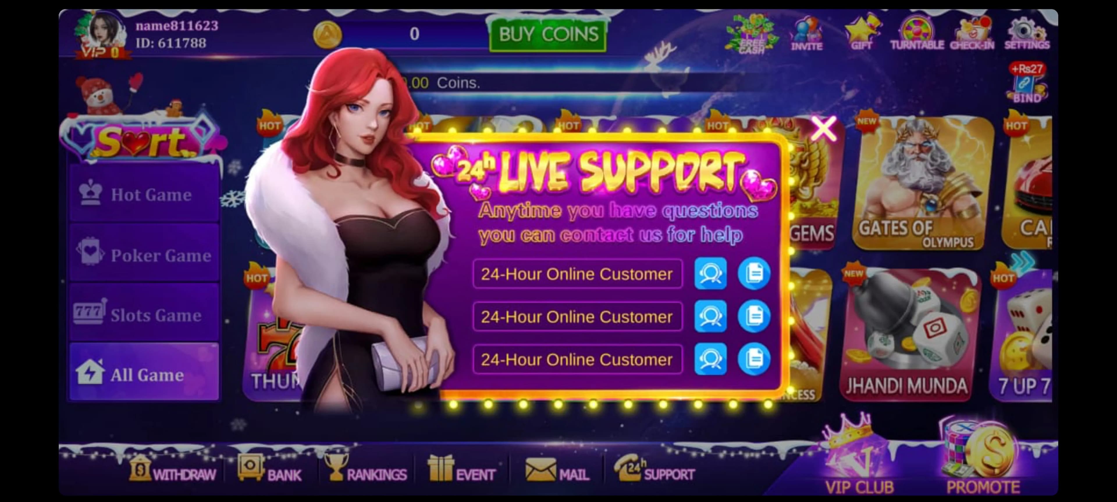 Lucky 97 24-hour live support screen inside the app